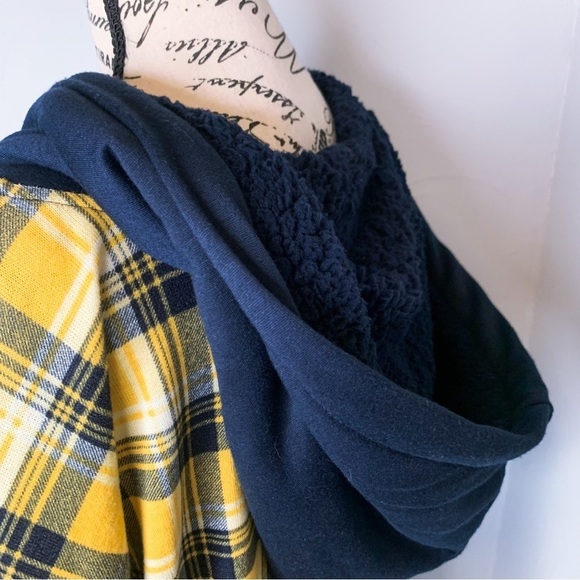 Mik Mesh Plaid Button Down Faux Sherpa Hoodie in Yellow Navy Blue Size 3XL - Picture 6 of 16